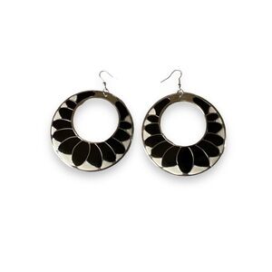 Earrings Round Hoops Black White Large Geometric‎ Lightweight Metal Floral 2.5”